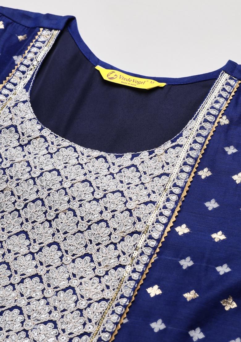 Blue Embroidered Chanderi Anarkali Set