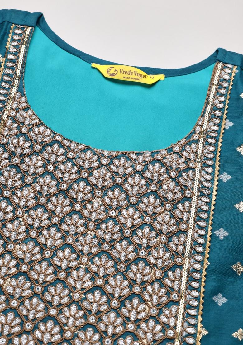 Teal Embroidered Chanderi Anarkali Set