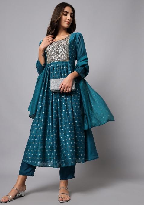 Teal Embroidered Chanderi Anarkali Set