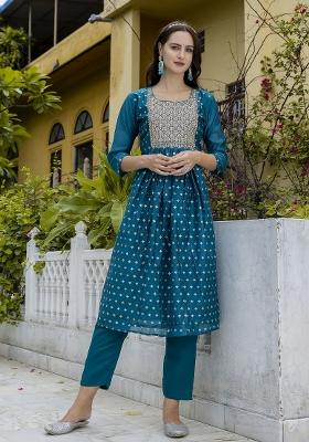 Teal Embroidered Chanderi Anarkali Set