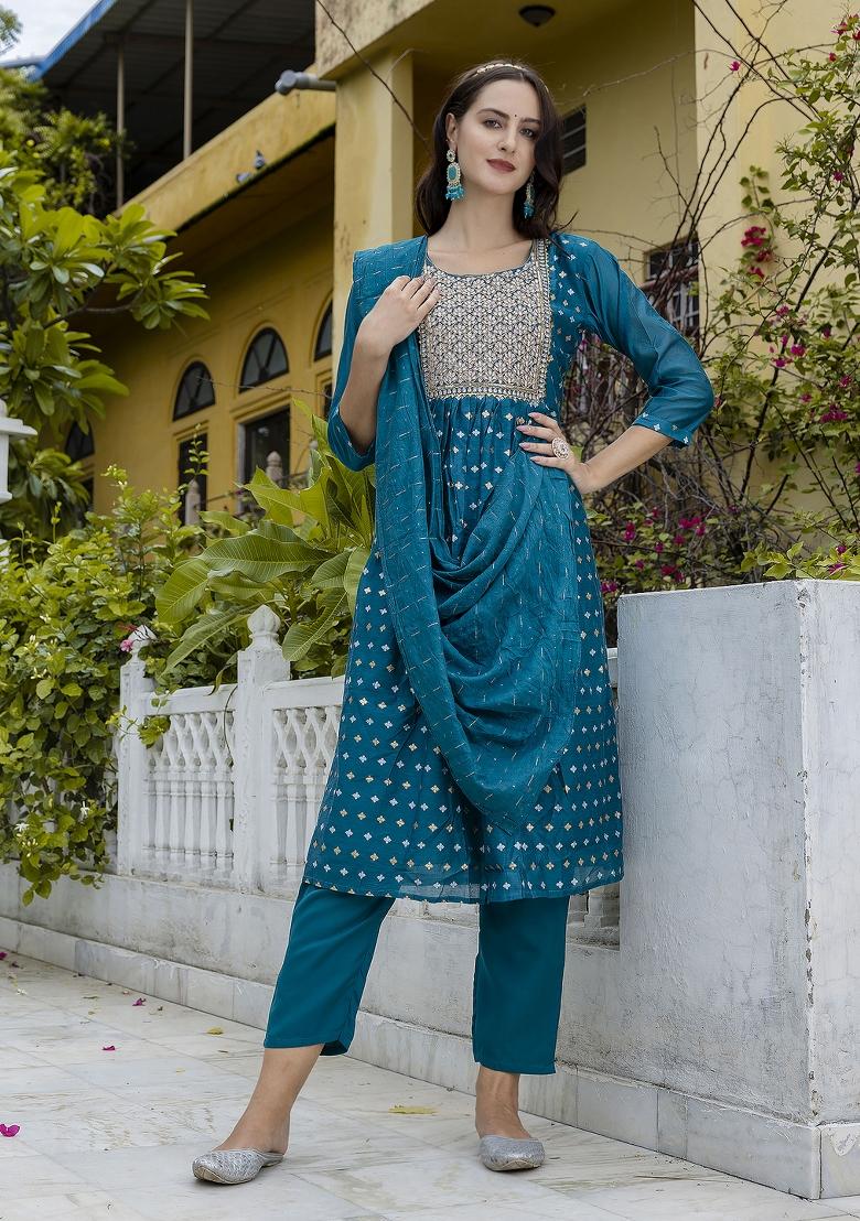 Teal Embroidered Chanderi Anarkali Set
