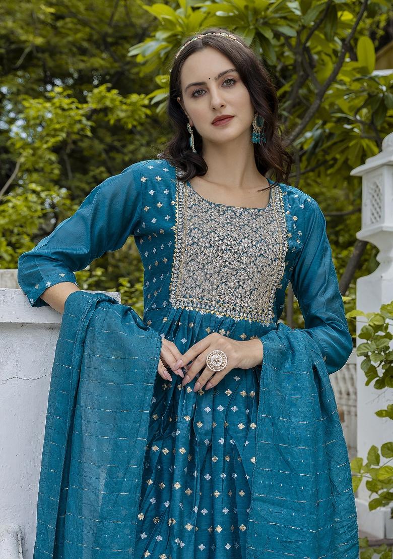 Teal Embroidered Chanderi Anarkali Set