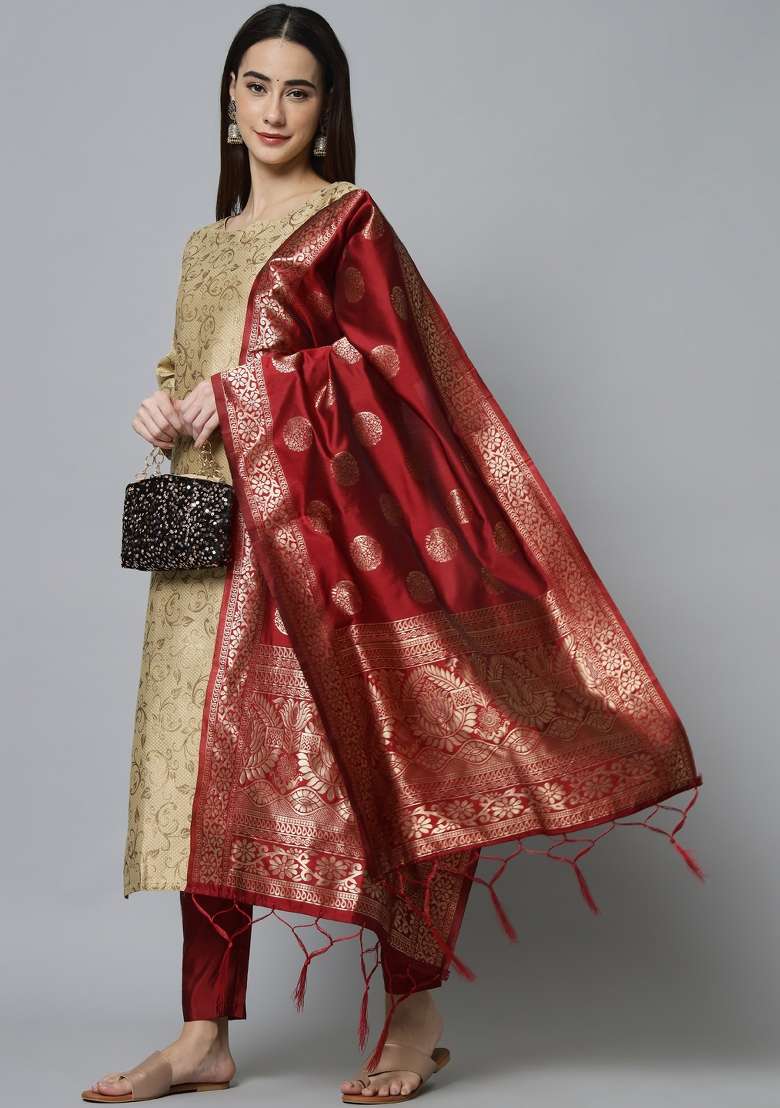 Beige Jacquard Blended Straight Kurta Set - Indya