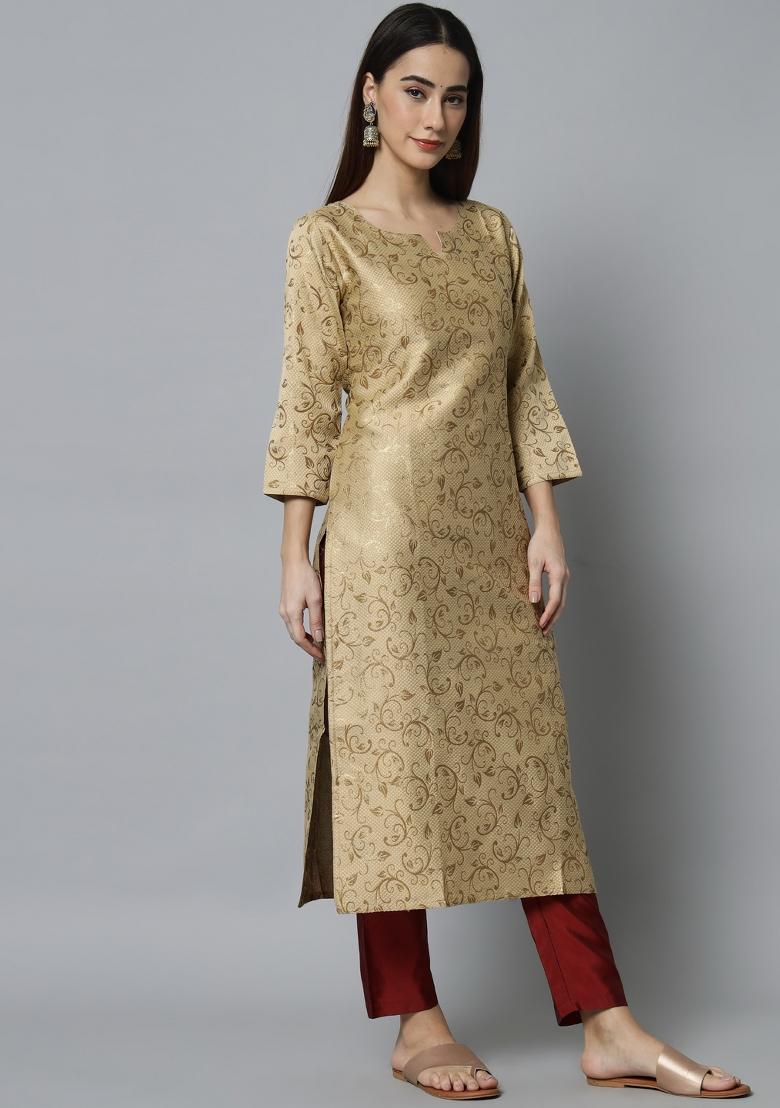 Beige Woven Cotton Blend Salwar Kameez With Dupatta