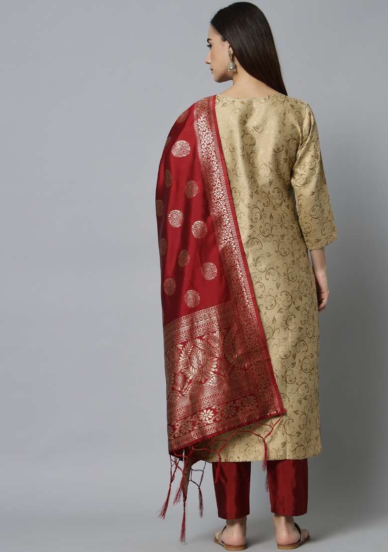 Beige Jacquard Blended Straight Kurta Set - Indya