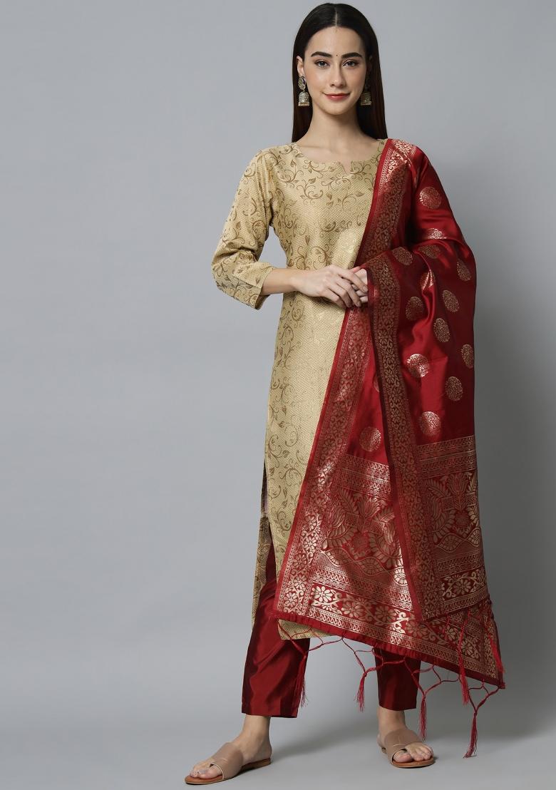 Beige Woven Cotton Blend Salwar Kameez With Dupatta
