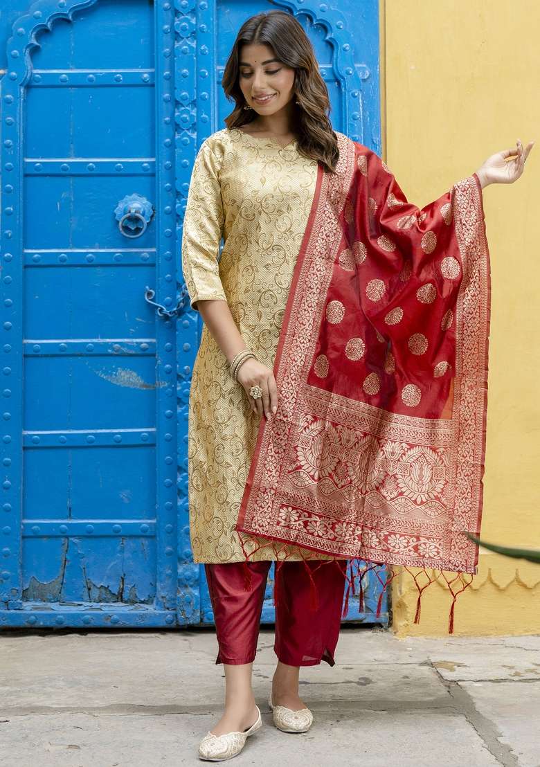Beige Jacquard Blended Straight Kurta Set - Indya
