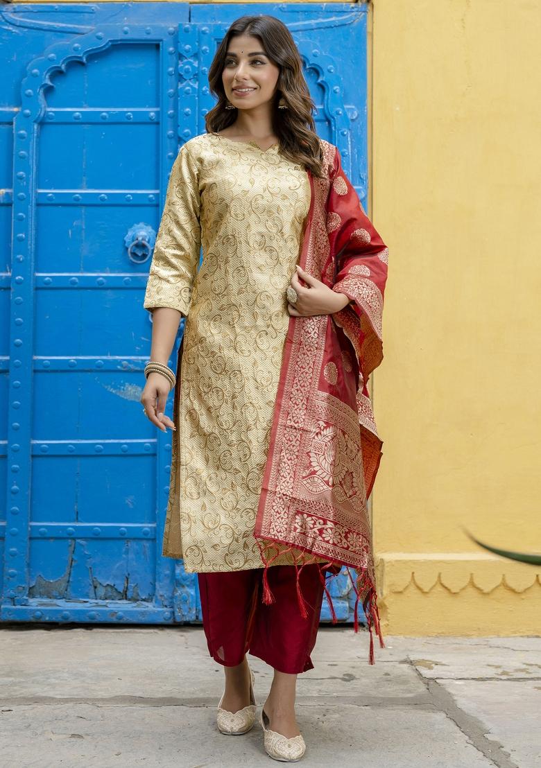 Beige Woven Cotton Blend Salwar Kameez With Dupatta