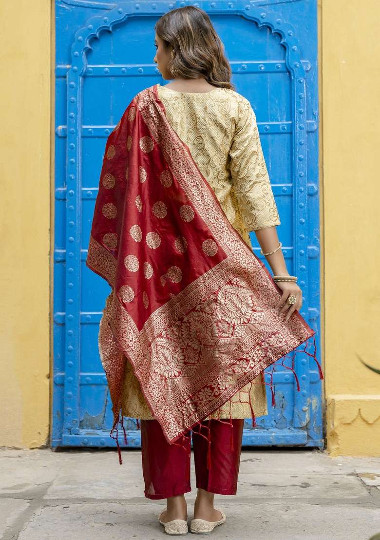 Beige Jacquard Blended Straight Kurta Set - Indya