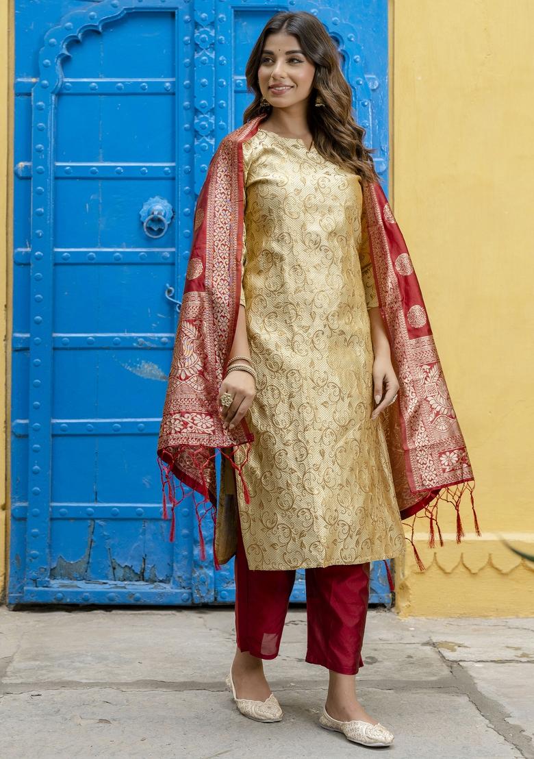 Beige Woven Cotton Blend Salwar Kameez With Dupatta