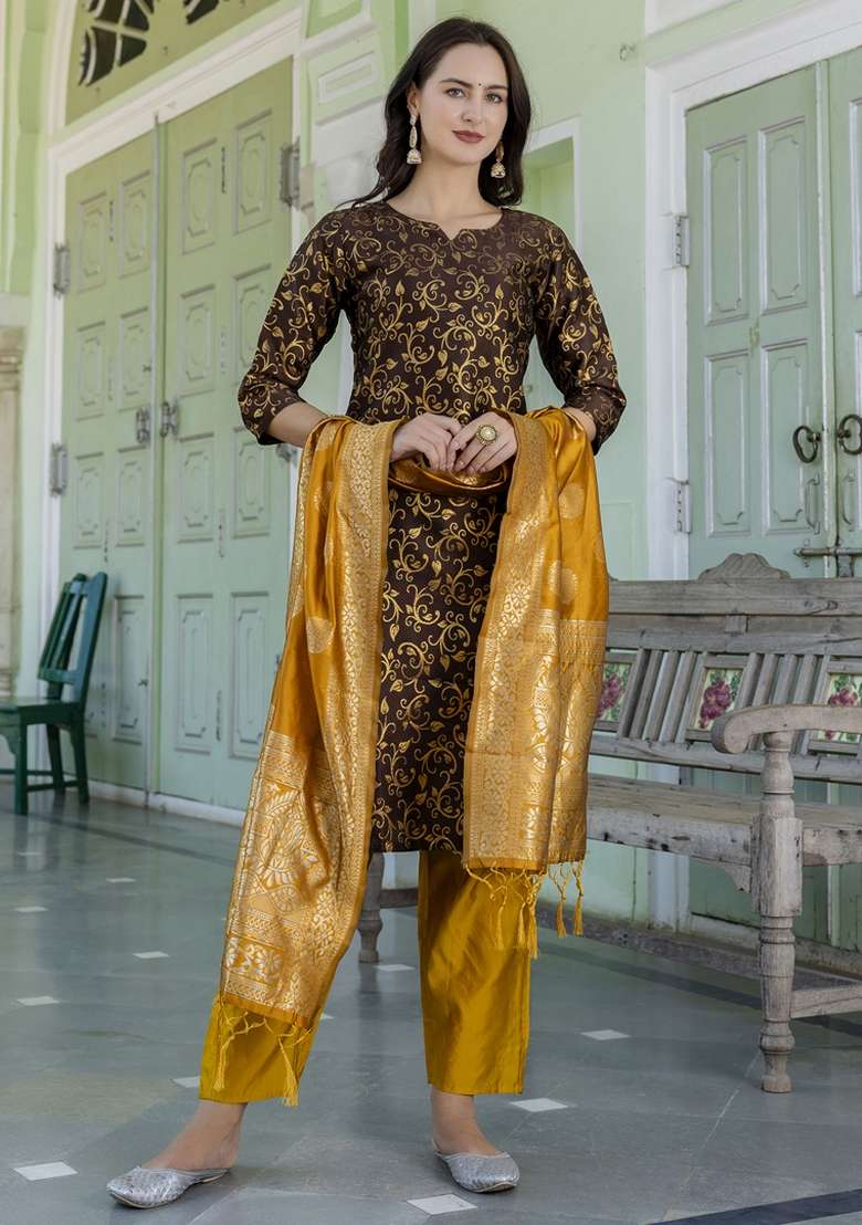 Coffee Brown Jacquard Cotton Straight Kurta Set - Indya