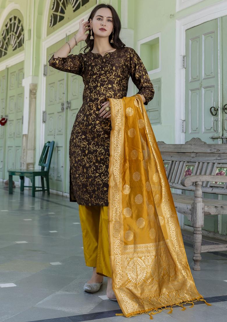 Coffee Brown Woven Cotton Blend Salwar Kameez With Dupatta