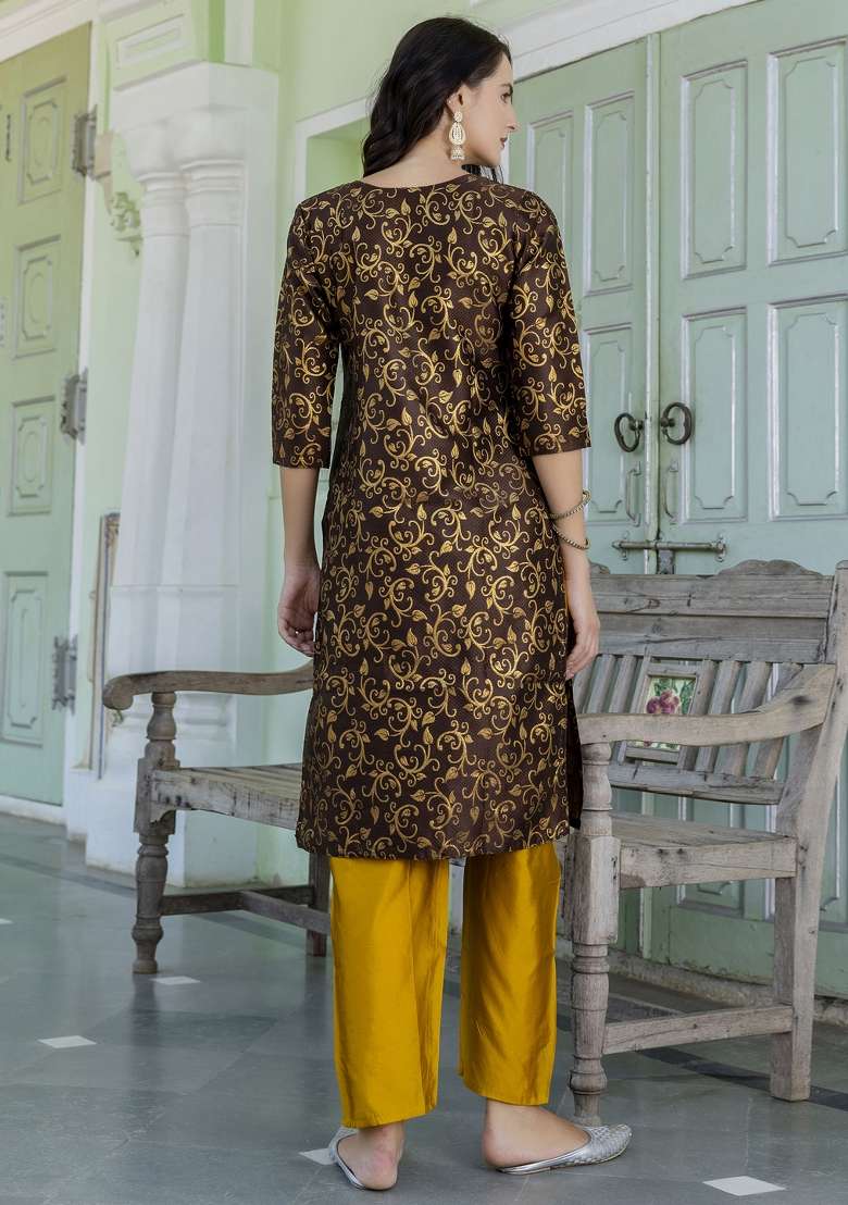 Coffee Brown Jacquard Cotton Straight Kurta Set - Indya