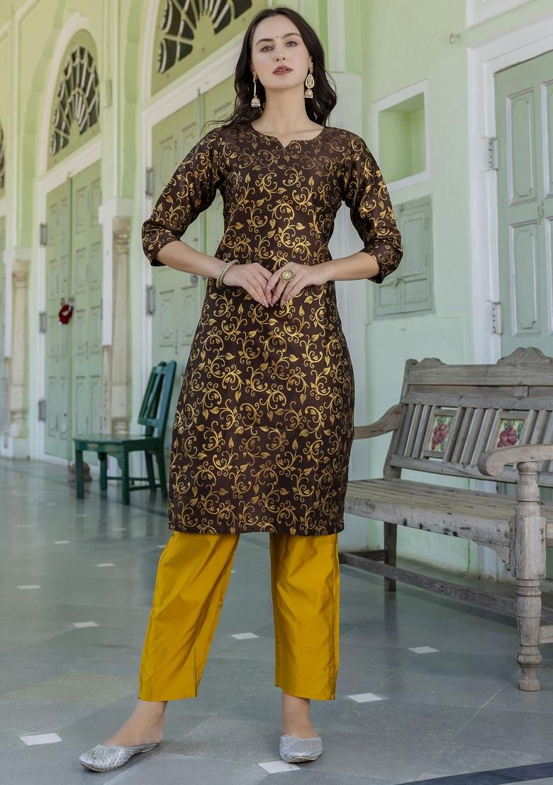 Coffee Brown Woven Cotton Blend Salwar Kameez With Dupatta