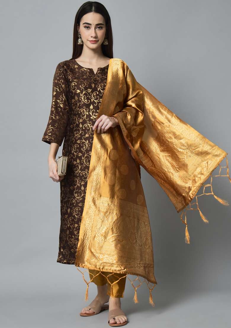 Coffee Brown Jacquard Cotton Straight Kurta Set - Indya
