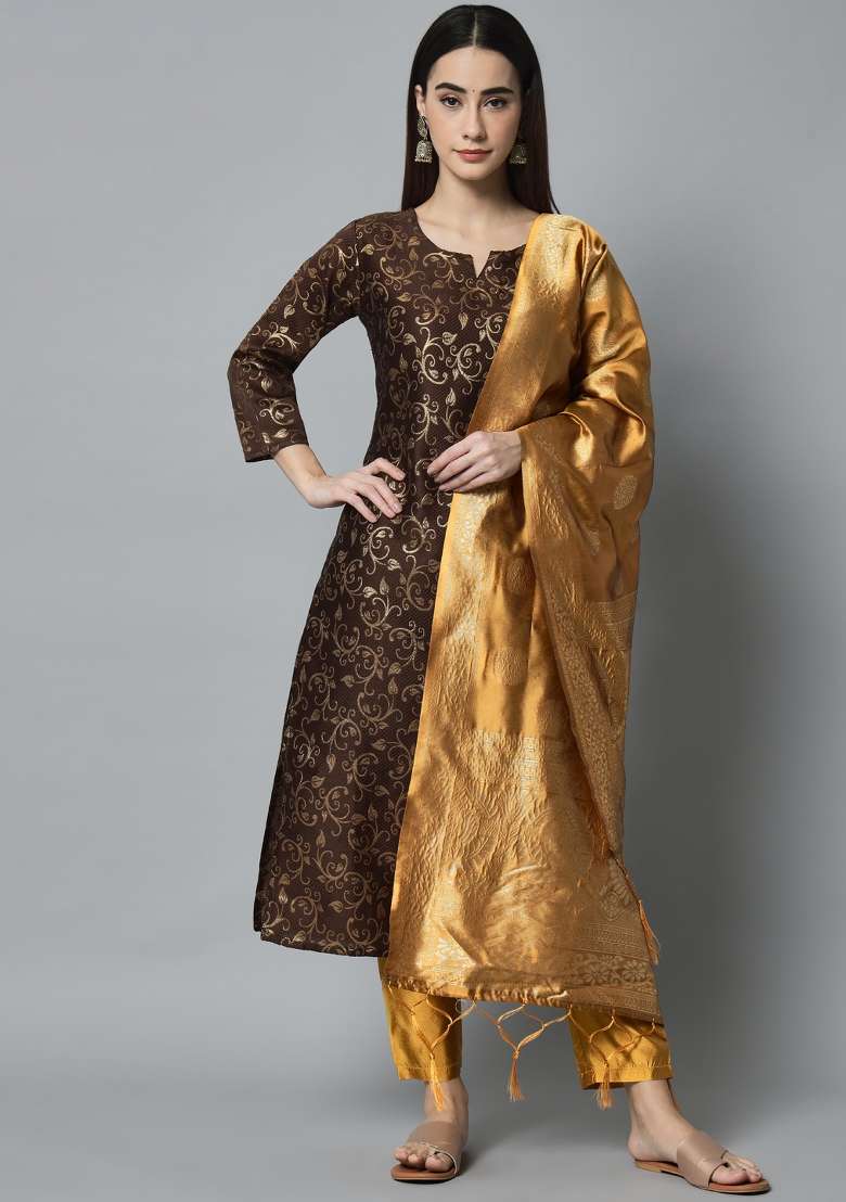 Coffee Brown Jacquard Cotton Straight Kurta Set - Indya