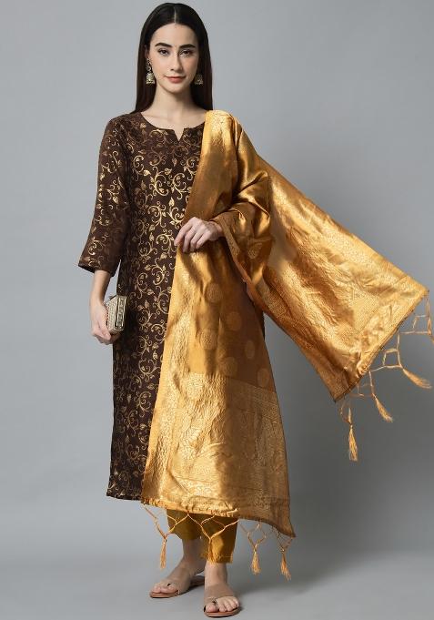 Coffee Brown Woven Cotton Blend Salwar Kameez With Dupatta