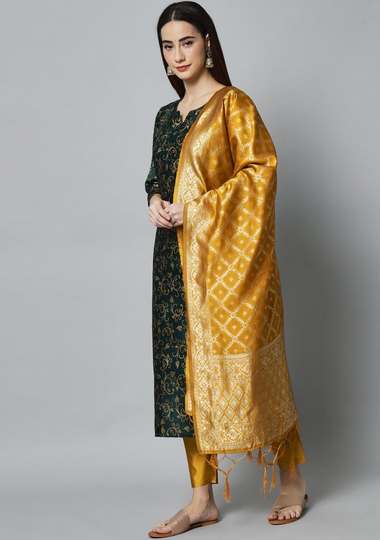 Green Woven Cotton Blend Salwar Kameez With Dupatta
