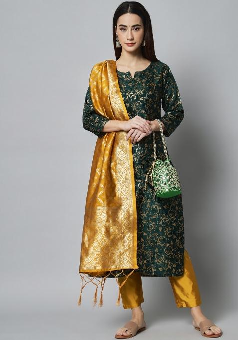 Green Woven Cotton Blend Salwar Kameez With Dupatta