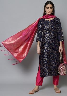 Blue Woven Cotton Blend Salwar Kameez With Dupatta