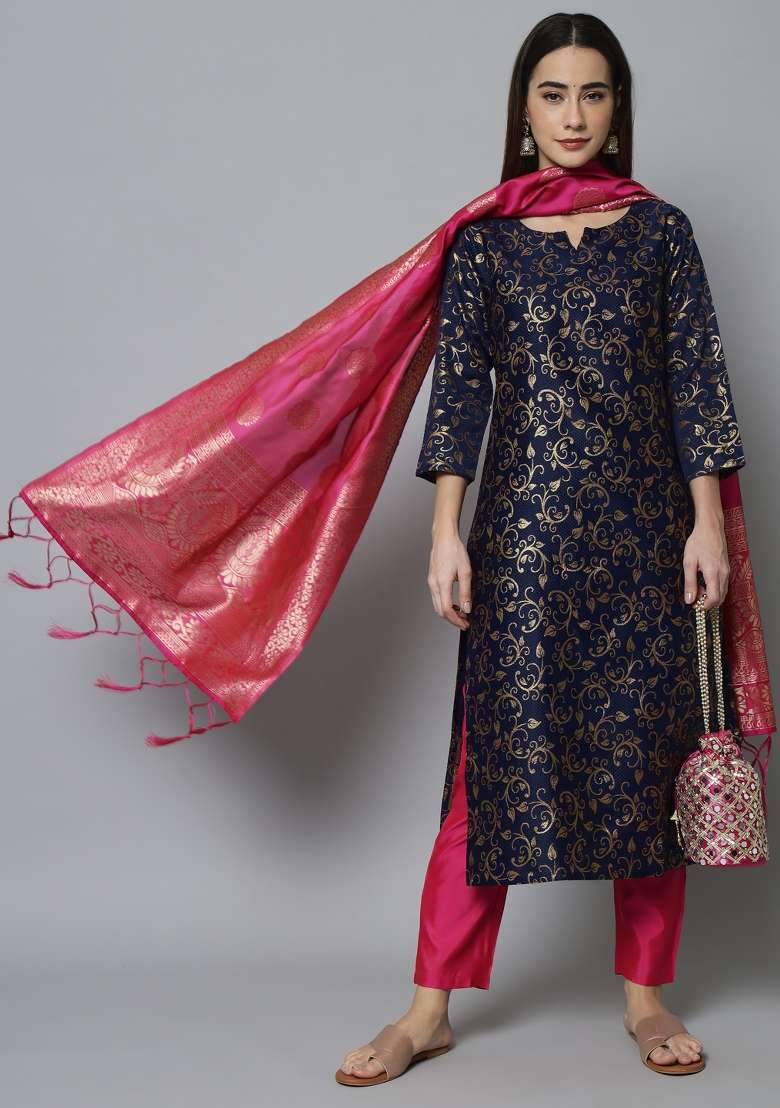 Blue Jacquard Blended Straight Kurta Set - Indya