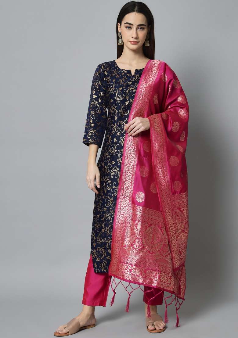Blue Jacquard Blended Straight Kurta Set - Indya