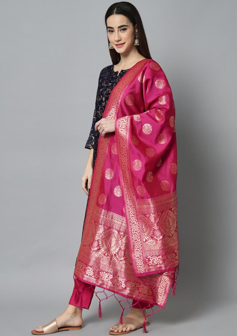 Blue Woven Cotton Blend Salwar Kameez With Dupatta