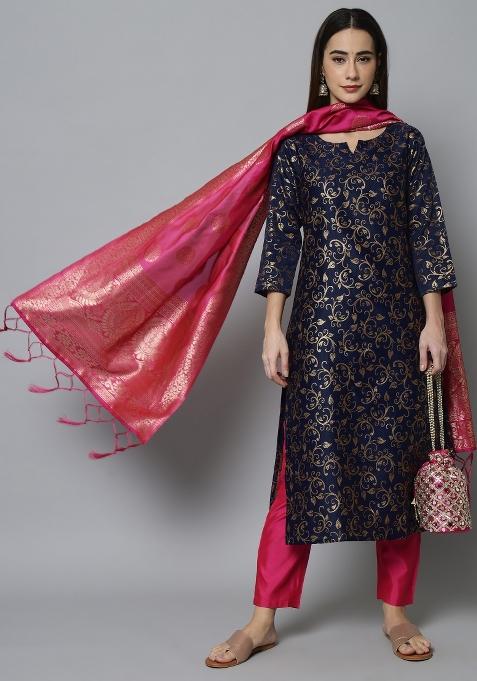 Blue Woven Cotton Blend Salwar Kameez With Dupatta