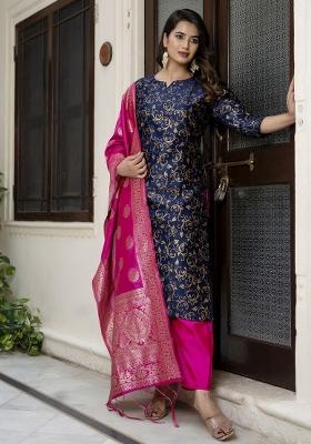 Navy Blue Woven Cotton Blend Salwar Kameez With Dupatta