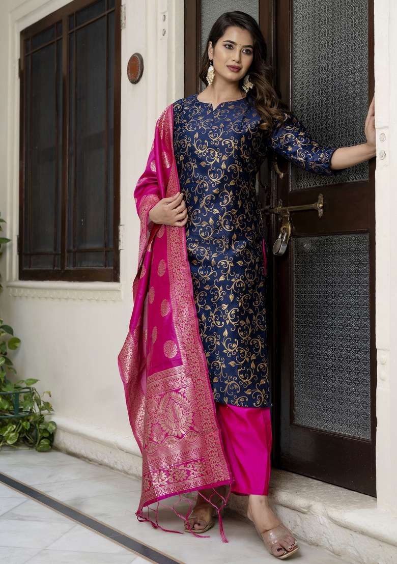 Navy Blue Jacquard Cotton Straight Kurta Set - Indya