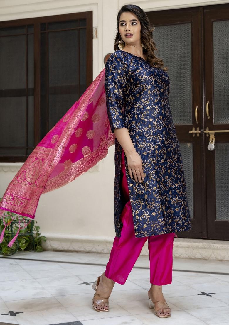 Navy Blue Woven Cotton Blend Salwar Kameez With Dupatta