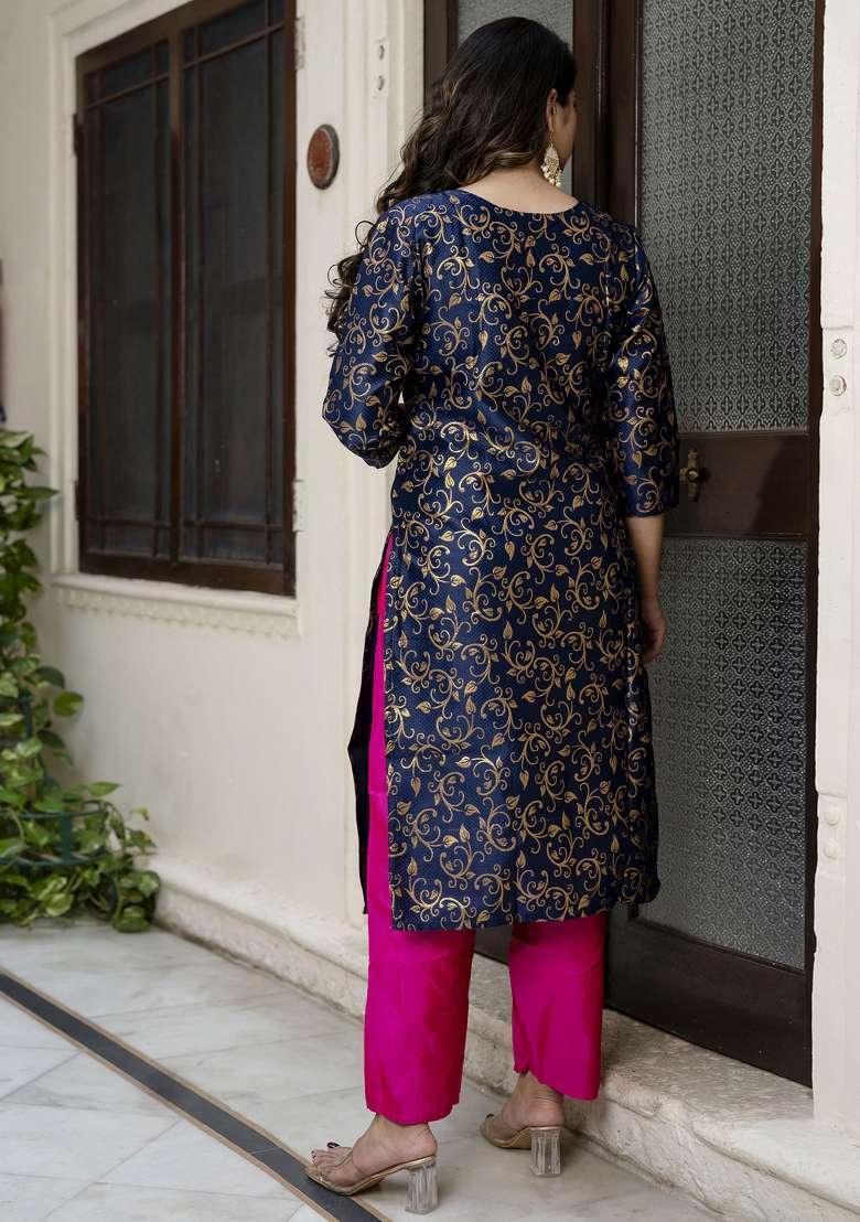 Navy Blue Jacquard Cotton Straight Kurta Set - Indya