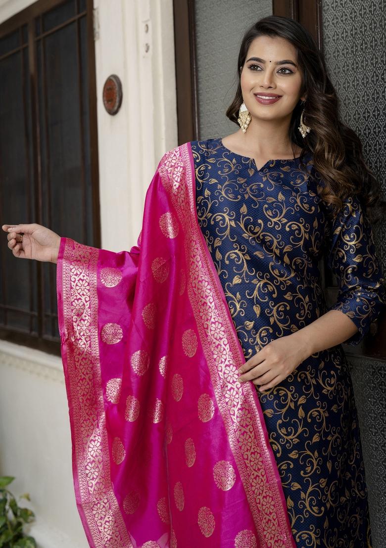 Navy Blue Woven Cotton Blend Salwar Kameez With Dupatta