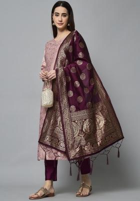 Pink Woven Cotton Blend Salwar Kameez With Dupatta