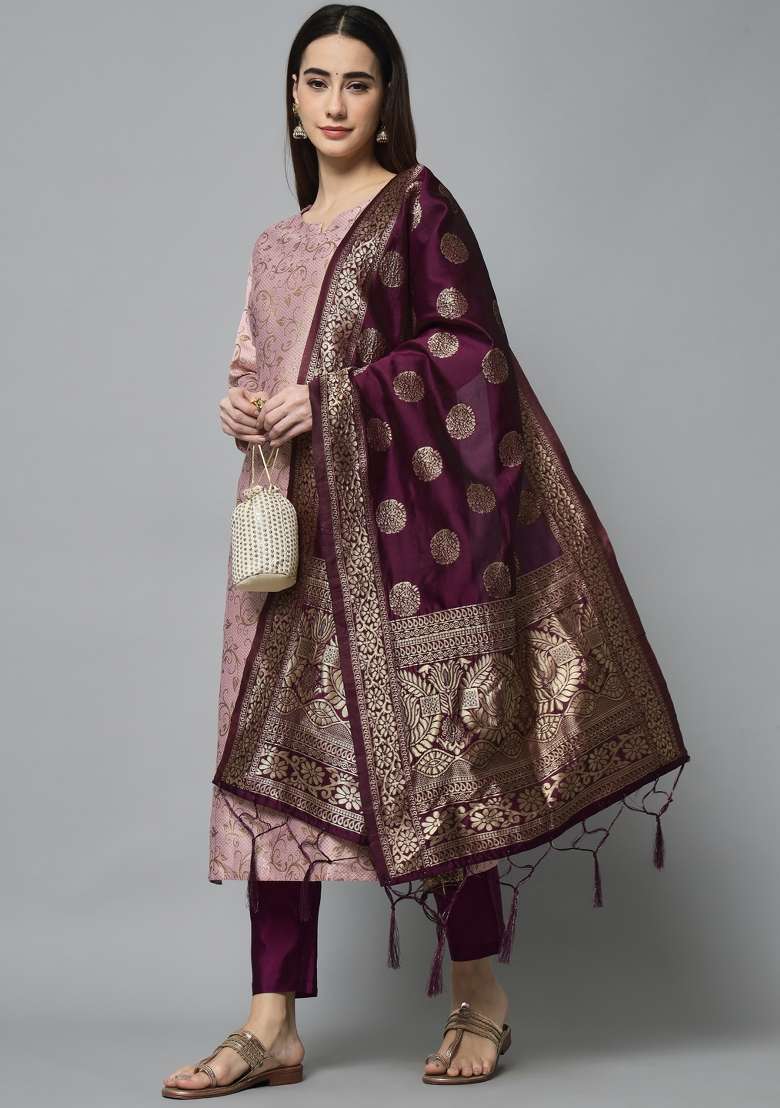 Pink Jacquard Blended Straight Kurta Set - Indya