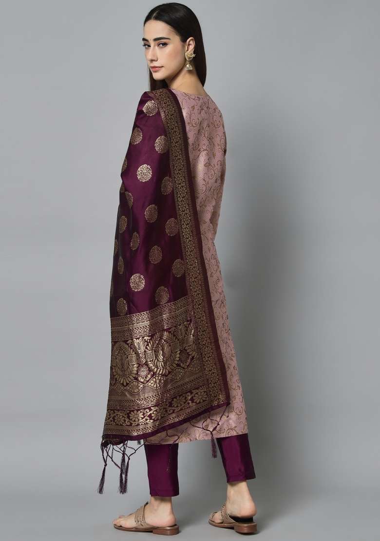 Pink Jacquard Blended Straight Kurta Set - Indya