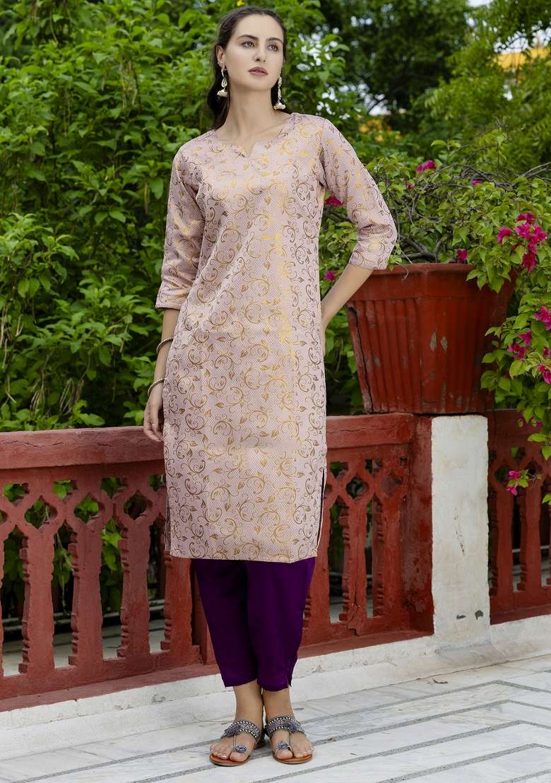 Pink Jacquard Blended Straight Kurta Set - Indya
