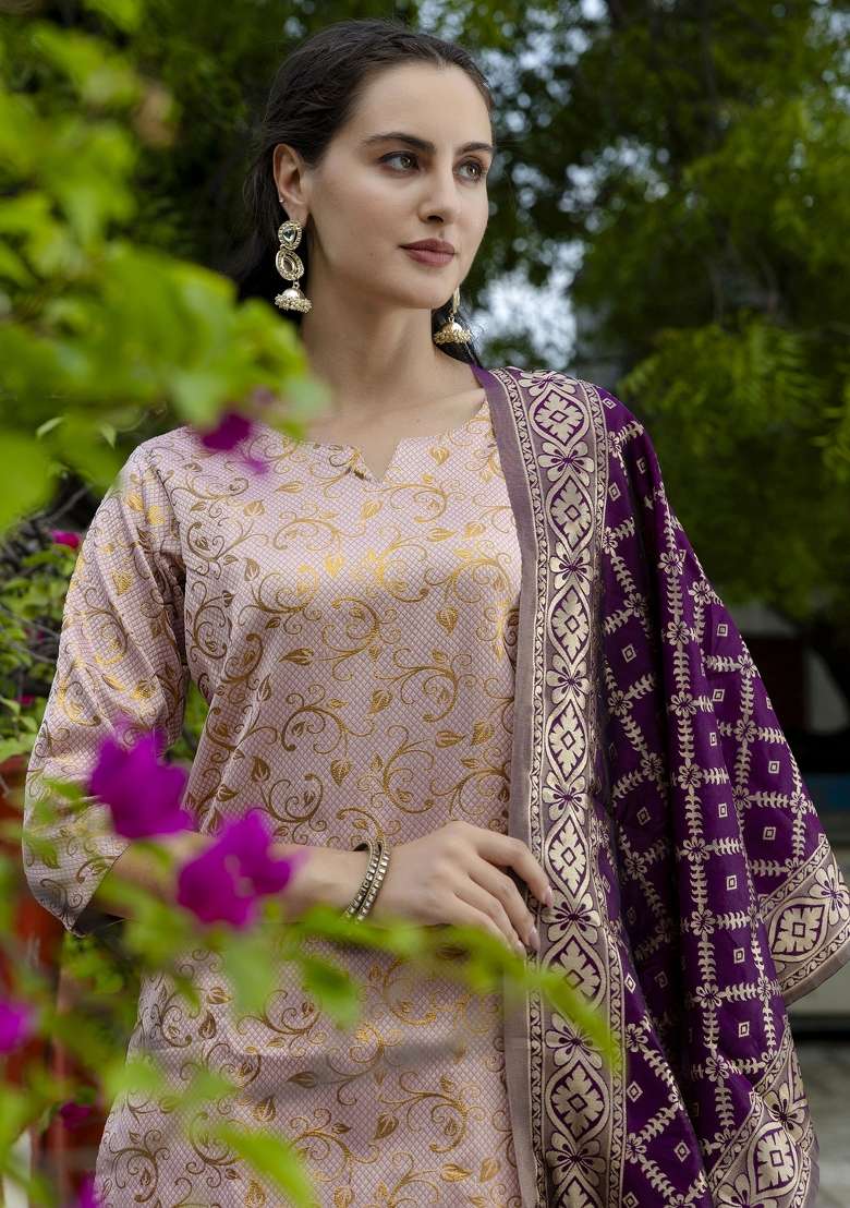 Pink Jacquard Blended Straight Kurta Set - Indya