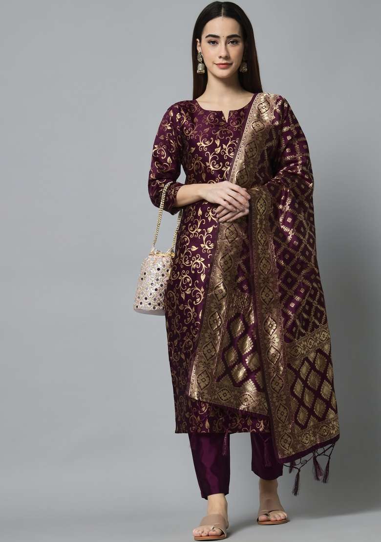 Purple Jacquard Blended Straight Kurta Set - Indya