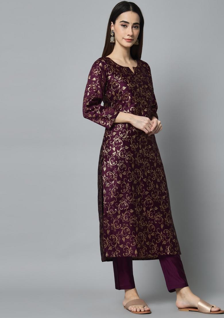 Purple Woven Cotton Blend Salwar Kameez With Dupatta