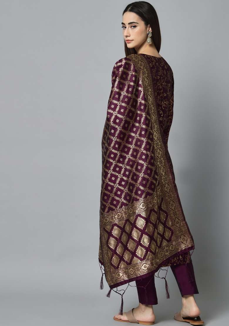 Purple Jacquard Blended Straight Kurta Set - Indya