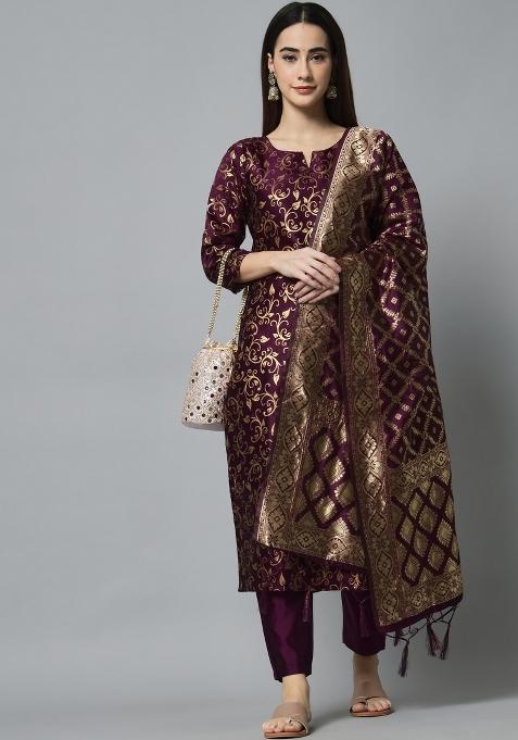 Purple Woven Cotton Blend Salwar Kameez With Dupatta