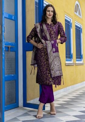 Purple Woven Cotton Blend Salwar Kameez With Dupatta