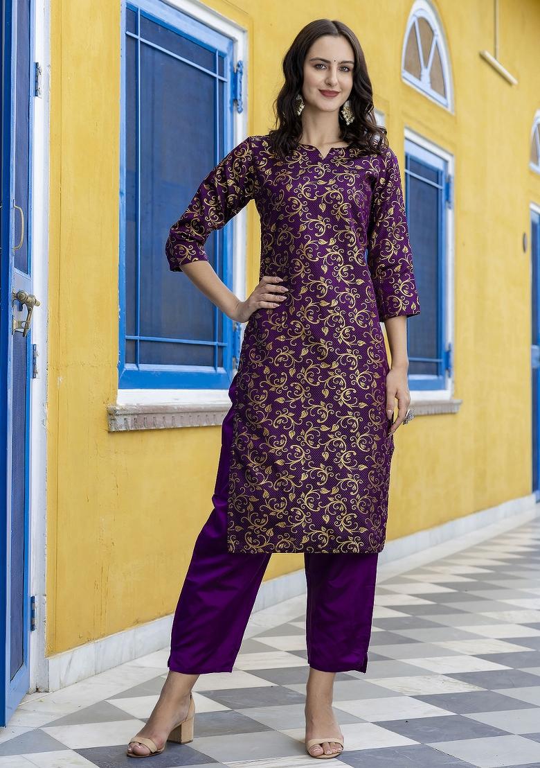 Purple Woven Cotton Blend Salwar Kameez With Dupatta