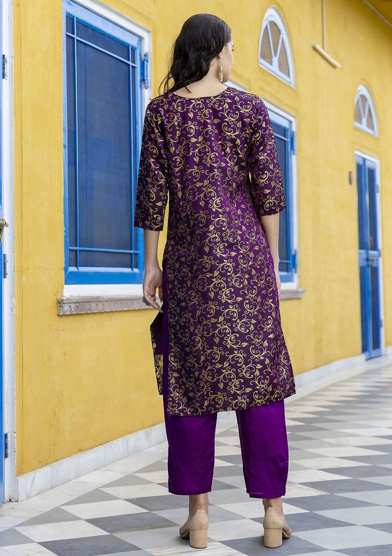 Purple Jacquard Blended Straight Kurta Set - Indya