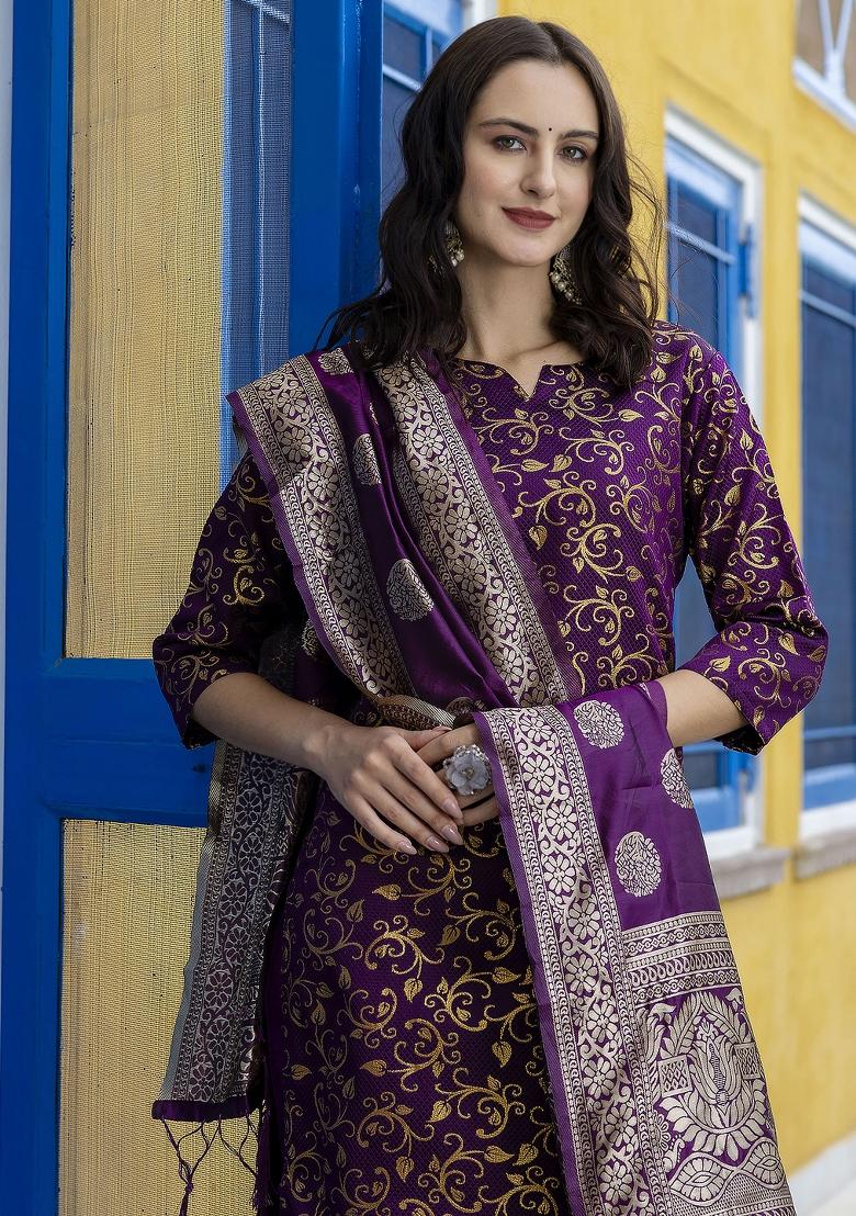 Purple Woven Cotton Blend Salwar Kameez With Dupatta