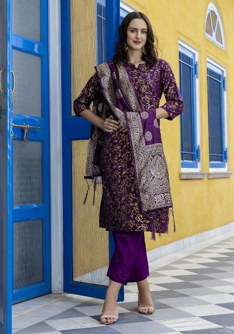 Purple Woven Cotton Blend Salwar Kameez With Dupatta