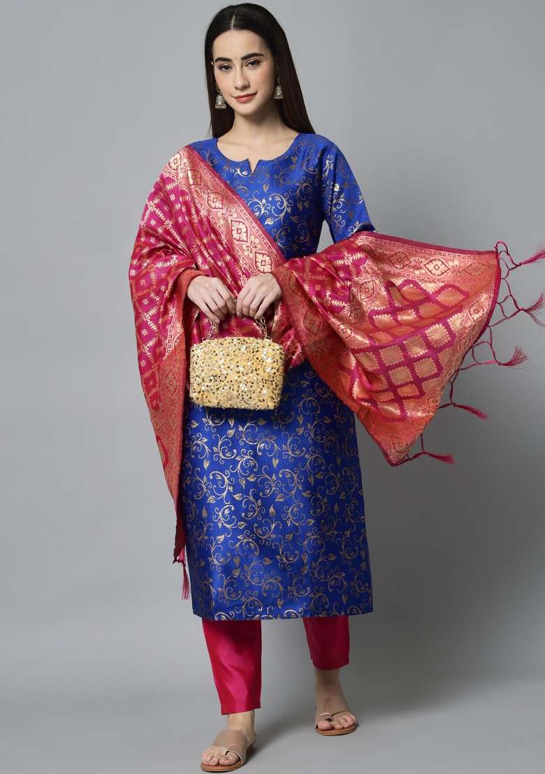 Blue Jacquard Blended Straight Kurta Set - Indya