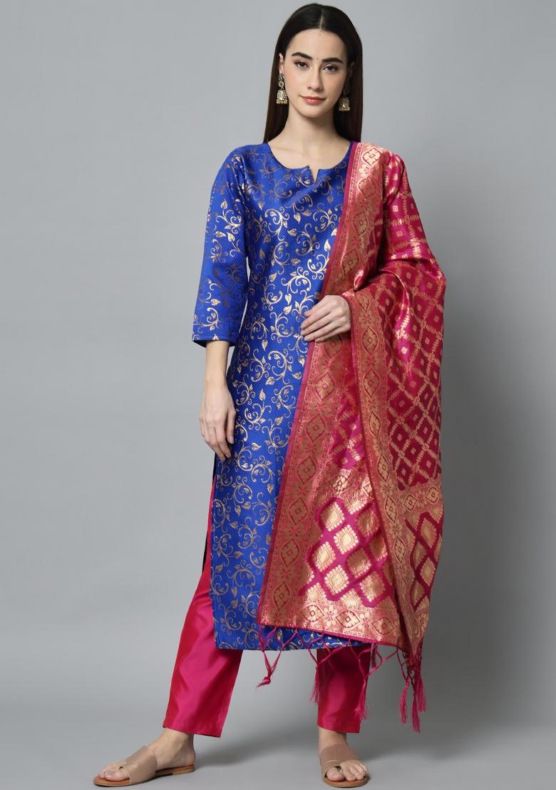Blue Woven Cotton Blend Salwar Kameez With Dupatta