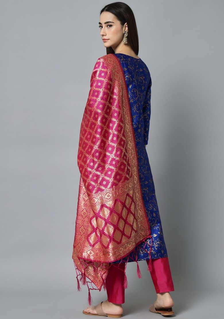 Blue Jacquard Blended Straight Kurta Set - Indya
